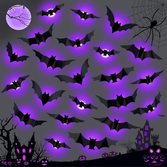 3D Halloween Bat & Spider 12/24Pcs Wall & Door Decor – Night Light Stickers, Easy-Apply Self-Adhesive Party Decorations 👻